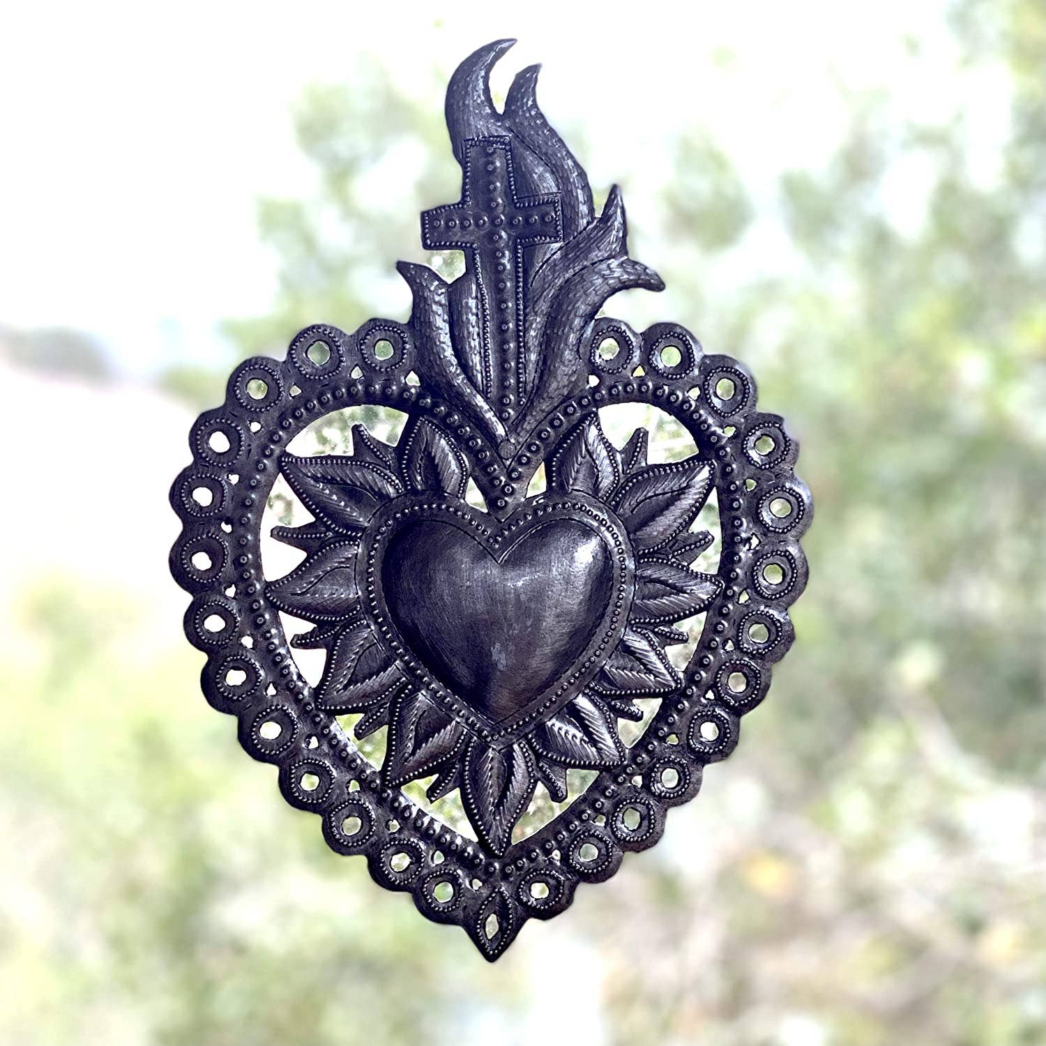 Flaming Sacred Heart with Cross,Haitian Metal Art 7"x10.25" - Pluff Mud Mercantile